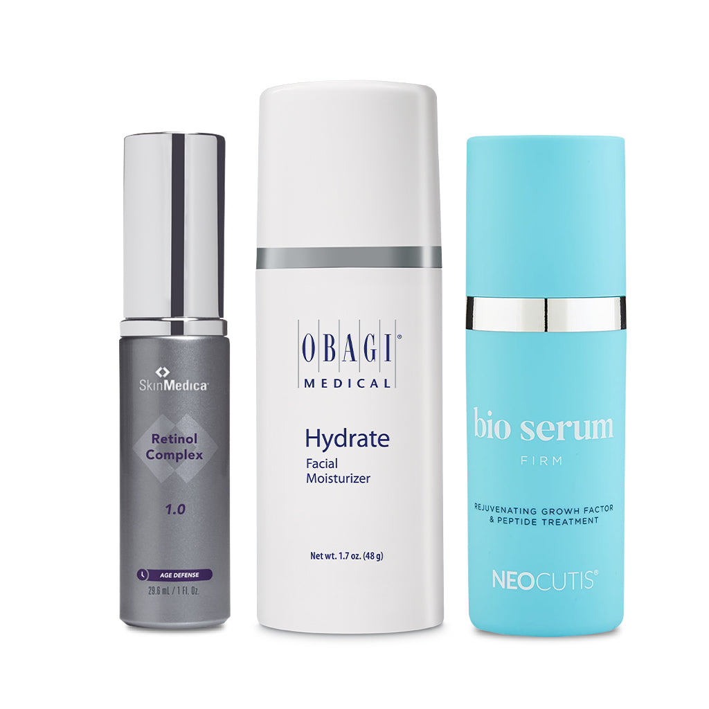 Neocutis Bio Serum Firm, Obagi Hydrate Moisturizer, SkinMedica Retinol Complex 1.0