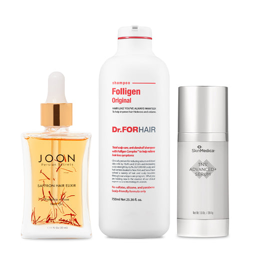 SkinMedica TNS Advanced+ Serum, Dr. ForHair Folligen Original Shampoo, Joon Saffron Hair Elixir Oil (1.11oz)